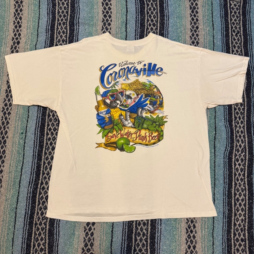 Vintage 2000 Corona Beer Coronaville T Shirt Mens XXL White Graphic Save Water